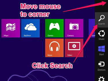 Charms-menyn visas på höger sida av skärmen; Sökikonen är det översta alternativet i menyn