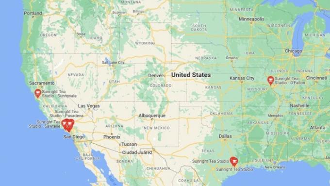 Standorte der Sunright Tea Studios in den USA auf Google Maps