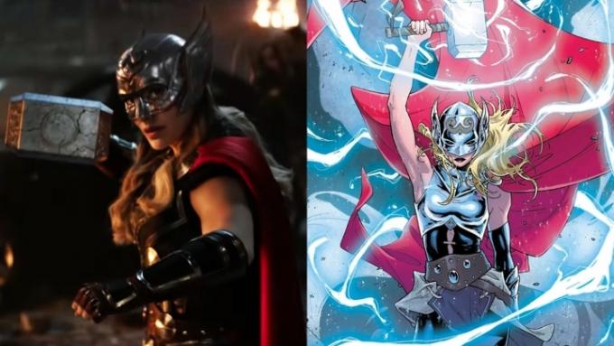 Gesplitst beeld van Natalie Portman als Mighty Thor in Love and Thunder en met Mjolnir in de strips.