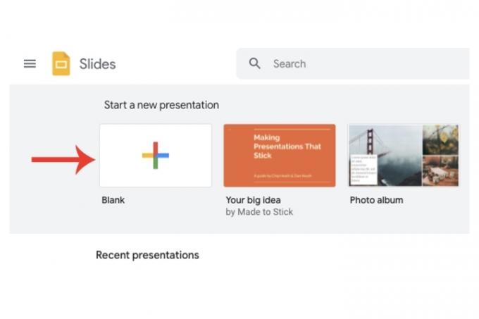 Area untuk memulai presentasi baru di Google Slides.