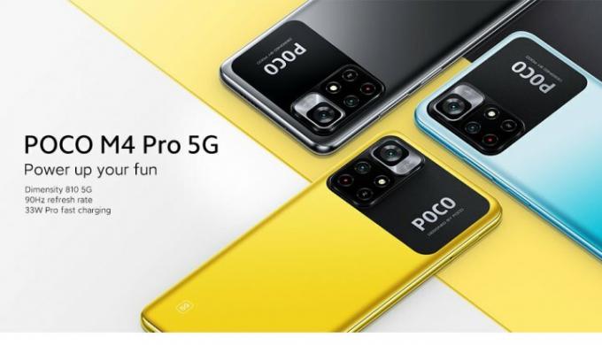 Xiaomi Poco M4 Pro i alle tre farvemuligheder