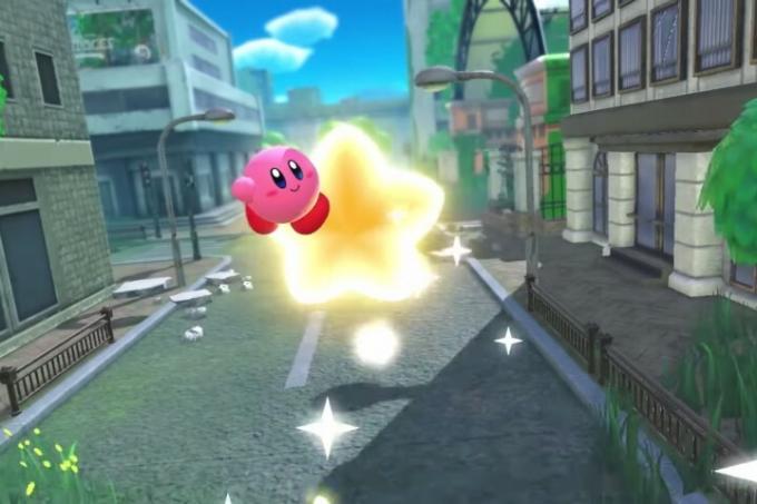 Kirby rider på en stjerne i Kirby and the Forgotten Lands.