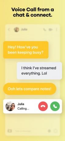 Captura de tela do aplicativo Bumble com texto na parte superior dizendo Chamada de voz de um bate-papo e conexão, com uma imagem de um bate-papo abaixo e a opção de iniciar uma chamada de voz