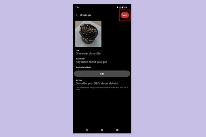 Ekran Utwórz PIN w aplikacji mobilnej Pinterest na Androida.