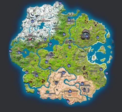 Mapa strojů na výrobu ledu ve Fortnite.