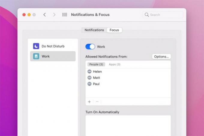 Mode fokus di MacOS Monterey dengan daftar kontak yang diizinkan menghubungi pengguna.