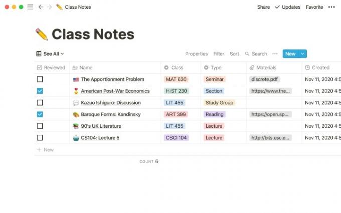 Skärmdump av Notion for Education-skrivbordsappen som visar ett exempel på organiserade klassanteckningar.