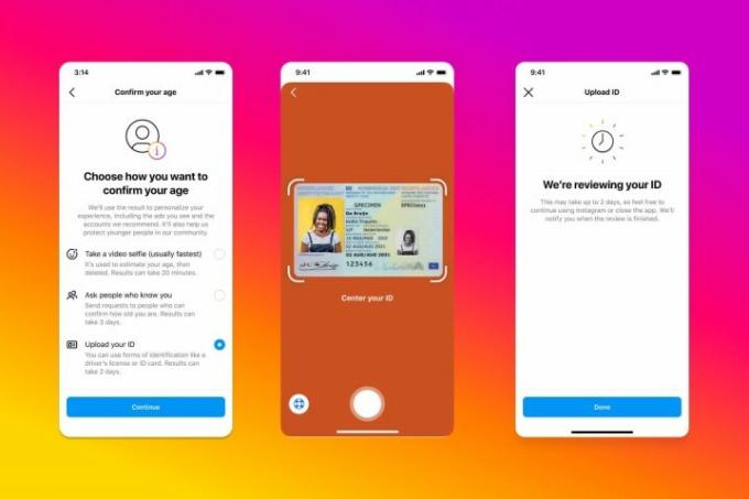 Série tří snímků obrazovky pro mobilní zařízení ukazující nový proces ověřování věku na Instagramu, vše na jasně barevném pozadí s přechodem.