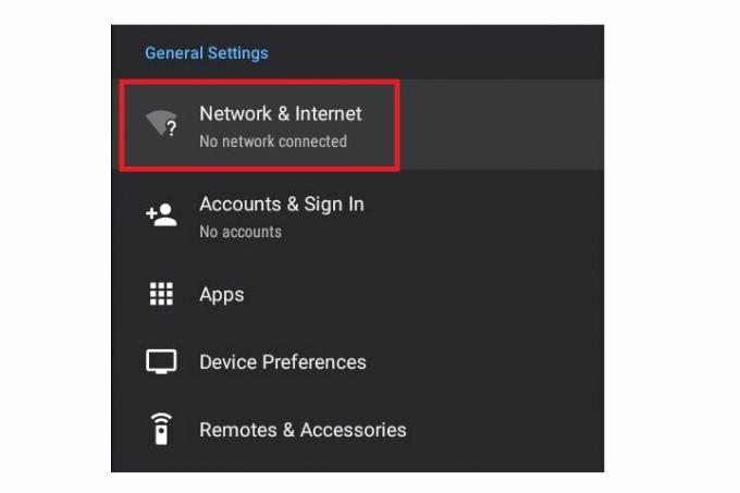 Android TV 설정의 네트워크 및 인터넷 옵션.