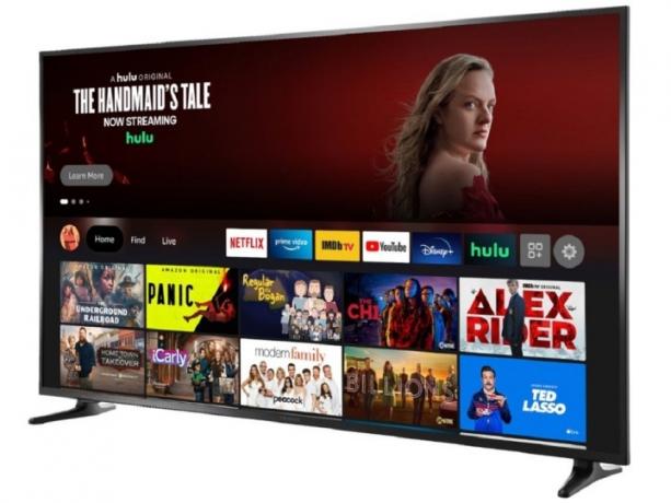 De 70-inch versie van de 4K-tv uit de Insignia F30-serie, met Hulu's the Handmaid's Tale op het scherm.