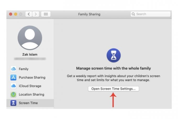 A Képernyőidő ablak a családi megosztáshoz Mac számítógépen.