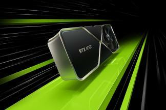 Grafična kartica Nvidia GeForce RTX 4080 je prikazana, ko leti nad zelenimi perspektivnimi črtami.