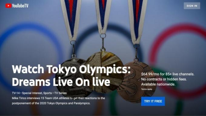 Η σελίδα των Ολυμπιακών Αγώνων στο YouTube TV.