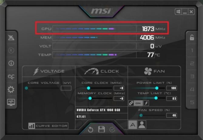 Nástroj MSI Afterburner GPU Frequency.