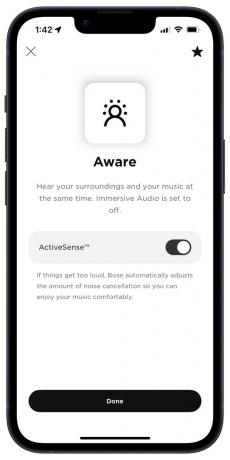 Bose Music-app på iOS: Aware-tilstand med valgfri Active Sense.