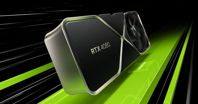 Ny Nvidia GeForce RTX 4080 GPU over en sort og grøn baggrund.