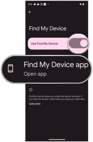 Android 13 Inställningar Hitta min enhet växla och Öppna app