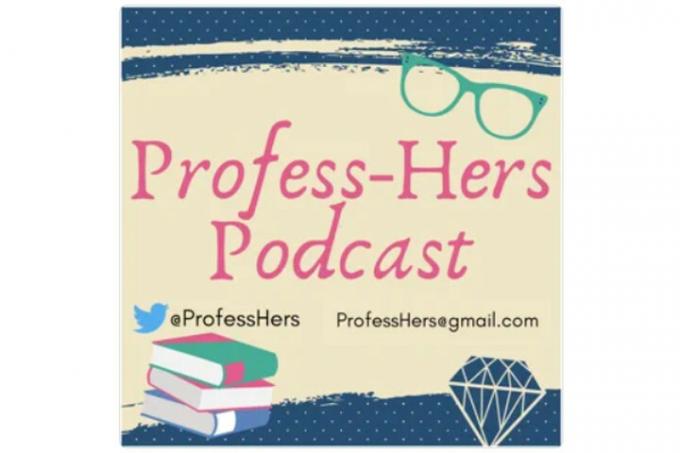 „Profess-Hers Podcast“ su krūvos knygų ir akinių vaizdais.