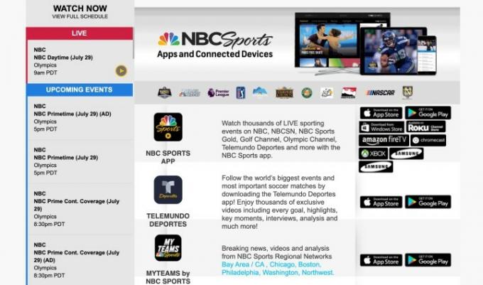Página web para descargar la aplicación NBC Sports.