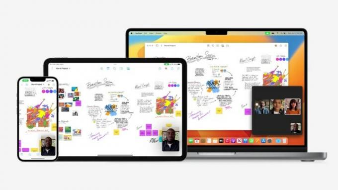 A FreeForm alkalmazás, amely lehetővé teszi az együttműködő felhasználók számára, hogy hozzáférjenek egyfajta digitális táblához. Az alkalmazás iPhone-on, iPaden és MacBookon jelenik meg.