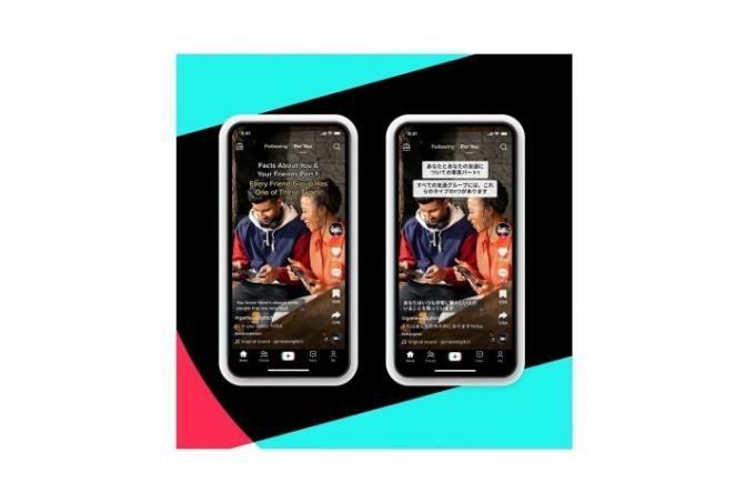 Lisatud on kaks nutitelefoni, mis näitavad TikToki videot enne ja pärast tõlgitud pealdisi, kirjeldusi ja tekstikleebiseid.