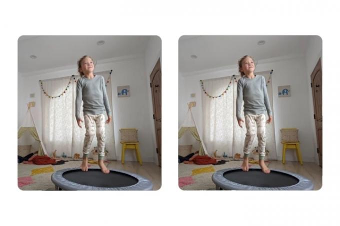 Δύο συγκριτικές φωτογραφίες ενός κοριτσιού σε ένα μίνι τραμπολίνο που παρουσιάζει το Google Pixel 6 Face Unblur.