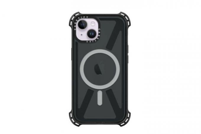 Casetify iPhone 14 用バウンスケースは透明なブラックで、落下に対する衝撃を和らげるバウンスコーナーが付いています。