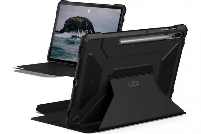 UAG Metropolis SE-cover til Samsung Galaxy Tab S8 Plus, der viser det udfoldelige støtteben.