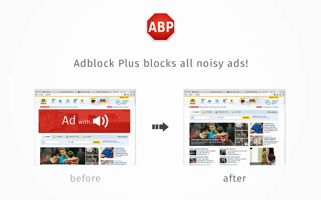 Снимка на продукта Adblock Plus, показваща как изглежда уебсайт преди и след използване на разширението на браузъра.