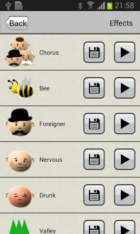 Voice Changer speciális effektusok képernyő.