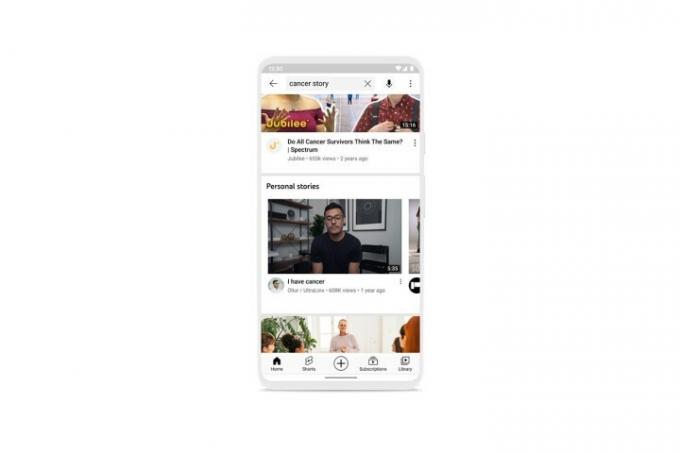 Nová polička Osobní příběhy YouTube pro vyhledávání zdravotních témat v mobilní aplikaci YouTube.
