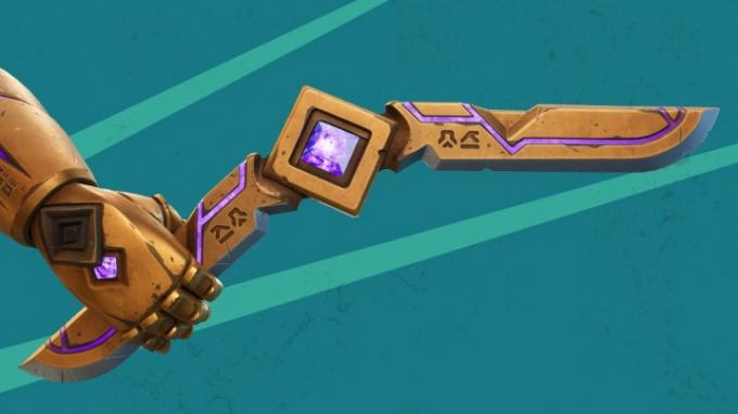 Dłoń trzymająca nową broń Kinetic Boomerang w kluczowej wersji graficznej Fortnite.