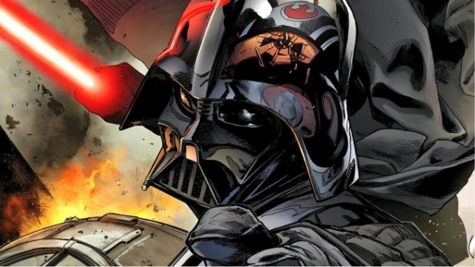 Portada del cómic de Darth Vader derribando a un soldado rebelde.