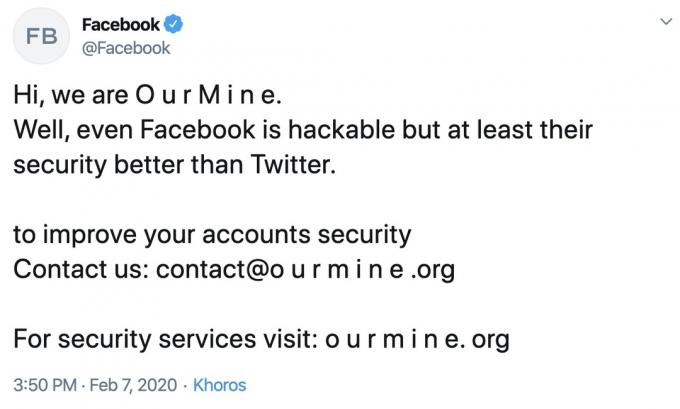 Hekerska skupina OurMine je za kratek čas prevzela nadzor nad Facebookovim računom Twitter. 