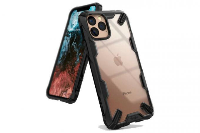 Bilden visar fram- och baksidan av en iPhone 11 Pro i ett Ringke Fusion X-fodral