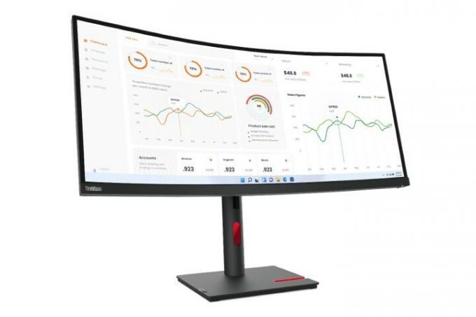 ThinkVision ultra-wide monitor mot en vit bakgrund.