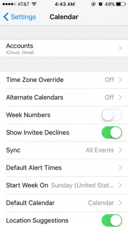 iPhone'da Takvim ayarlarının ekran görüntüsü.