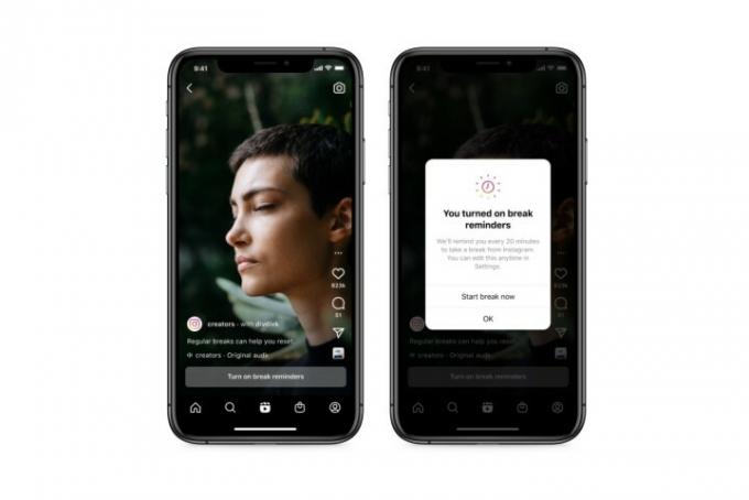 Instagram の Take a Break リマインダーのモバイル スクリーンショット 2 枚。