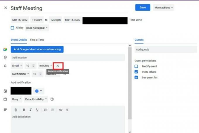 Spletni posnetek zaslona Google Koledarja, ki prikazuje, kako urediti nastavitve e-poštnih obvestil za dogodek.