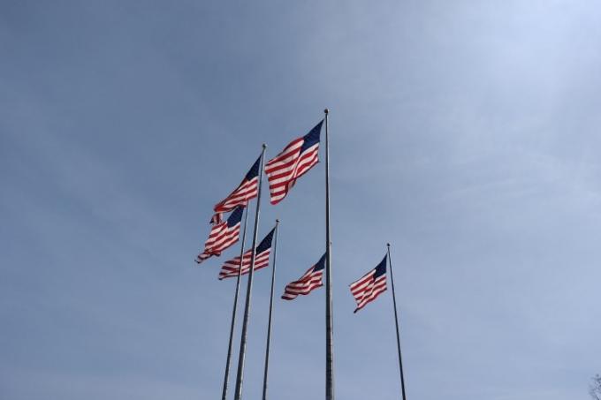 Amerikaanse vlaggen wapperen in de wind.