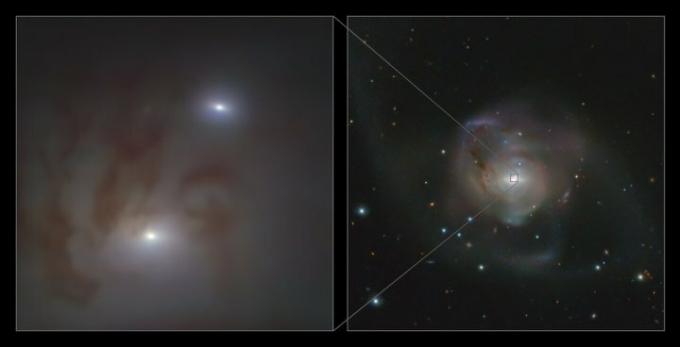Ta slika prikazuje pogled od blizu (levo) in širok (desno) dveh svetlih galaktičnih jeder, od katerih ima vsako supermasivna črna luknja v NGC 7727, galaksiji, ki se nahaja 89 milijonov svetlobnih let od Zemlje v ozvezdju Vodnar. Vsako jedro je sestavljeno iz goste skupine zvezd s supermasivno črno luknjo v njenem središču. Dve črni luknji sta na poti trka in tvorita najbližji par supermasivnih črnih lukenj, ki so jih doslej našli. To je tudi par z najmanjšim razmikom med dvema supermasivnima črnima luknjama, ki sta jih do sedaj odkrila – opazili so, da sta na nebu le 1600 svetlobnih let narazen. Slika na levi je bila posneta z instrumentom MUSE na zelo velikem teleskopu ESO (VLT) na observatoriju Paranal v Čilu, medtem ko je bila slika na desni posneta z raziskovalnim teleskopom ESO VLT.