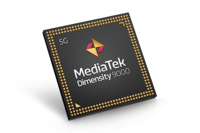 Un'immagine del processore mobile MediaTek Dimensity 9000.