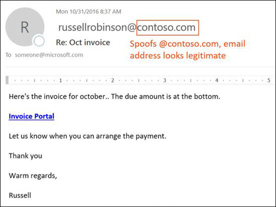 Przykład wiadomości e-mail firmy Contoso typu phishing.