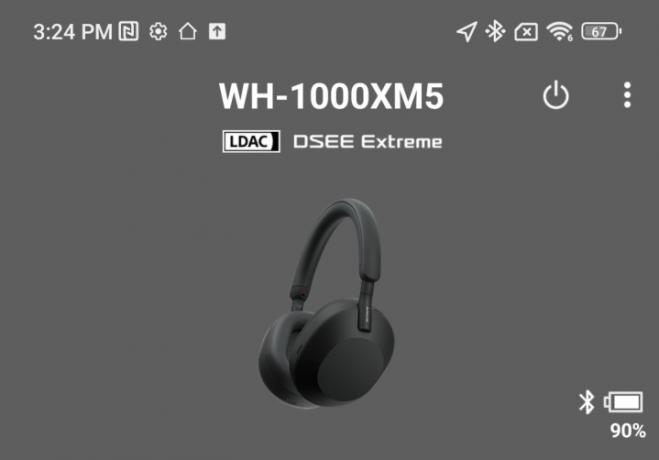 Подробности от приложението Sony Headphones за Android, показващи комплект WH-1000XM5, свързани с помощта на LDAC кодека.