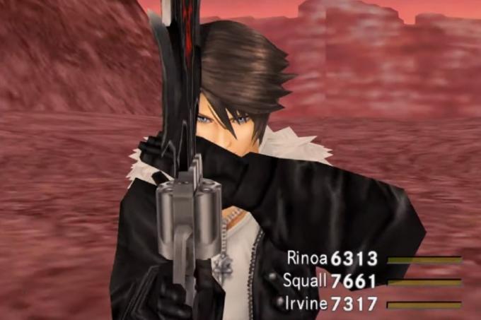 Squall segurando sua gunblade em sua mão.