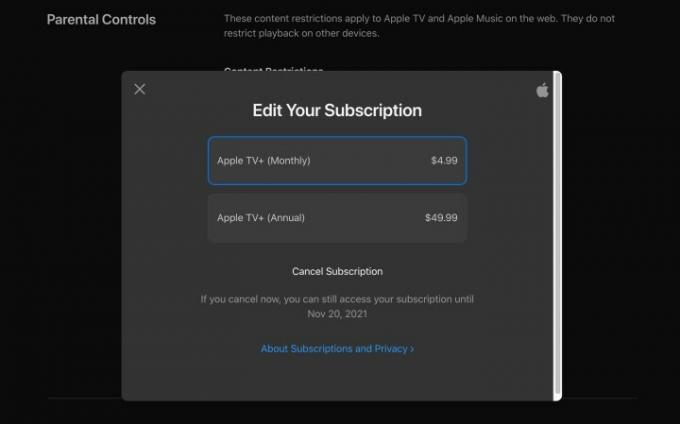 Apple TV+ ウェブサイトのキャンセル画面。