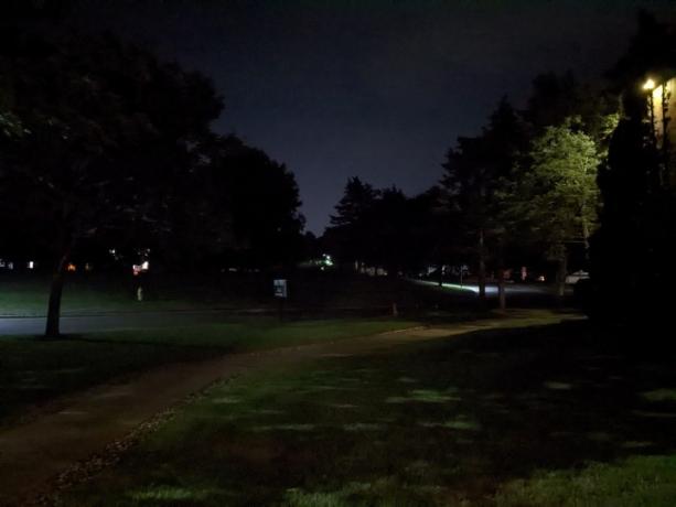 Uma foto muito escura à noite. Você mal consegue distinguir uma calçada e algumas árvores.