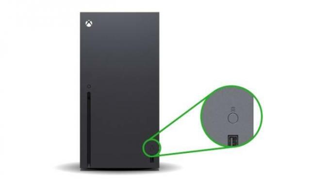 Diagrama mostrando o botão de emparelhamento no Xbox Seires X.