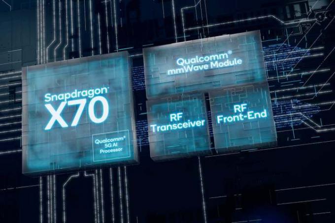 Ek mmWave, AI ve RF modülleriyle birlikte Qualcomm Snapdragon X70 çipinin kavramsal görüntüsü.