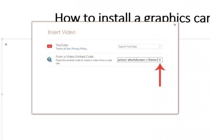 El área para insertar código de inserción para un vídeo de YouTube en Microsoft PowerPoint.